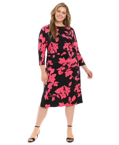 LONDON TIMES PLUS SIZE PRINTED SIDE-RUCHED MIDI DRESS