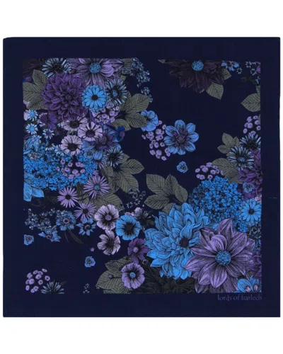 LORDS OF HARLECH MEN'S BLUE HUDSON MARCO FLORAL MERINO HANDKERCHIEF  POCKET SQUARE - NAVY