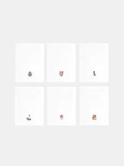 LORETTA CAPONI CHRISTMAS HAND-EMBROIDERED LINEN COCKTAIL NAPKINS (SET OF 6)