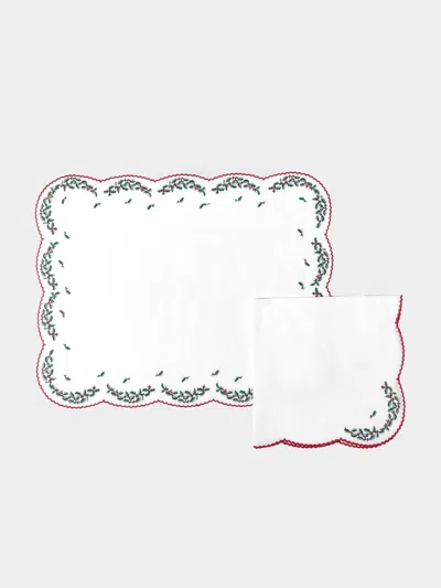 LORETTA CAPONI HOLLY HAND-EMBROIDERED LINEN PLACEMATS AND NAPKINS (SET OF 2)