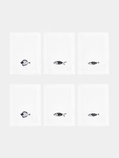 LORETTA CAPONI MENDINI FISH HAND-EMBROIDERED LINEN COCKTAIL NAPKINS (SET OF 6)