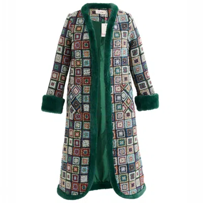 LOUCHE WOMEN'S GREEN DELPHIA SEVENTIES PATCH JACQUARD FUR TRIM COAT – MULTICOLOURED