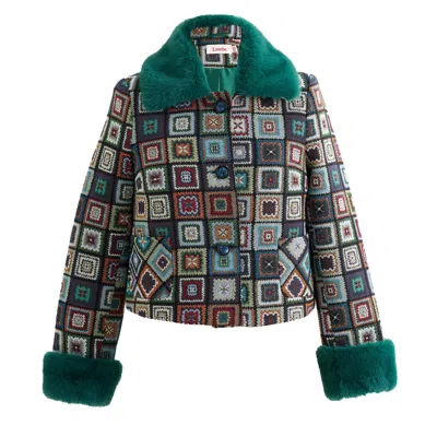 LOUCHE WOMEN'S GREEN KENT SEVENTIES PATCH JACQUARD FUR TRIM CROPPED JACKET