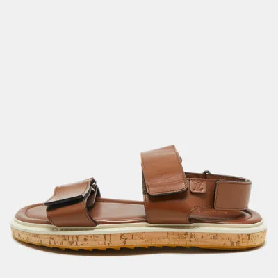 LOUIS VUITTON BROWN LEATHER VELCRO STRAP FLAT SANDALS SIZE 41.5