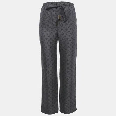 LOUIS VUITTON NAVY BLUE LOGO PRINTED SILK PANTS S