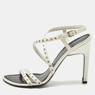 LOUIS VUITTON WHITE MONOGRAM LEATHER CITIZEN ANKLE STRAP SANDALS SIZE 38