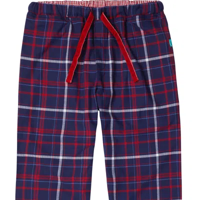 LOUNGERS BLUE / RED WOMEN'S SOFT, BREATHABLE ORGANIC BRUSHED COTTON LOUNGEWEAR TROUSERS IN NAVY, RED, AND WHI
