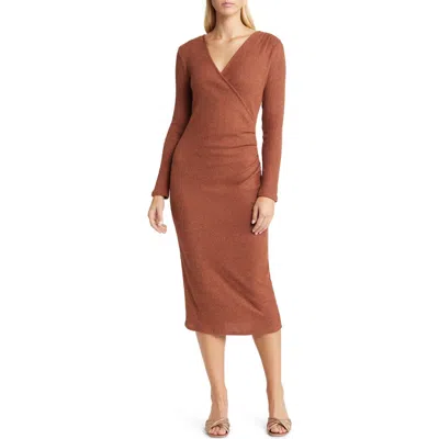 LOVEAPPELLA LOVEAPPELLA LONG SLEEVE FAUX WRAP MIDI DRESS