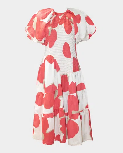 LOVEBIRDS VALENCIA SMOCKED FLORAL-PRINT MIDI DRESS