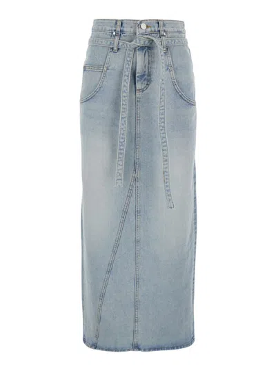 LOW CLASSIC BLUE HIGH-WAISTED SKIRT WITH BELT ON THE WAIST AND REAR SINGLE SLIT IN DENIM WOMAN