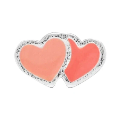 LULU COPENHAGEN LULU1489 2HEARTS SILVER PLATED EAR STUD IN BURNT CORAL-ORANGE CORAL