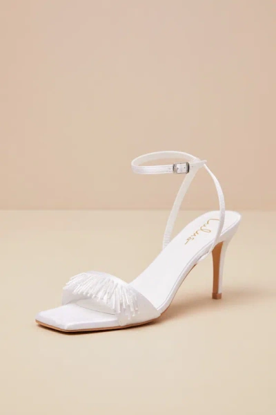 LULUS ADDIA WHITE SATIN BEADED FRINGE HIGH HEEL SANDALS