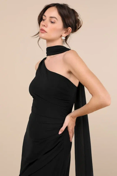 LULUS ADELINE BLACK ONE-SHOULDER SCARF MAXI DRESS