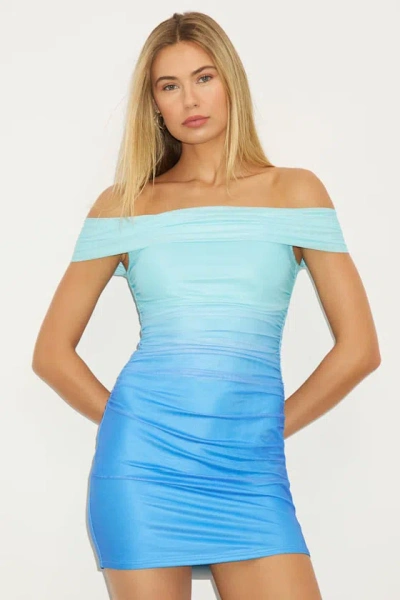 LULUS AELIANA AQUA OMBRE MESH OFF-THE-SHOULDER RUCHED MINI DRESS