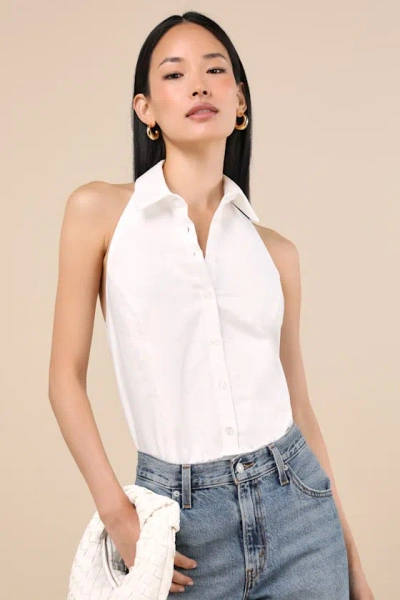 LULUS AERES WHITE BUTTON-FRONT COLLARED HALTER BODYSUIT