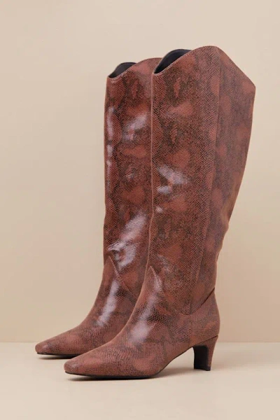 LULUS ALESSIO BROWN SNAKE POINTED-TOE KNEE-HIGH BOOTS