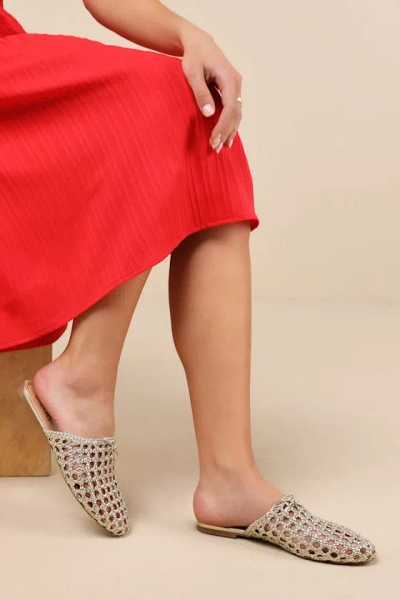 LULUS ALEXINE GOLD METALLIC WOVEN RAFFIA FLAT SLIDES