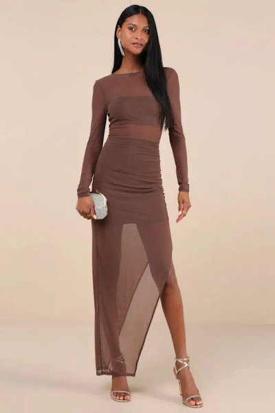 LULUS ALLURING SILHOUETTE DARK BROWN SHEER MESH BACKLESS MAXI DRESS