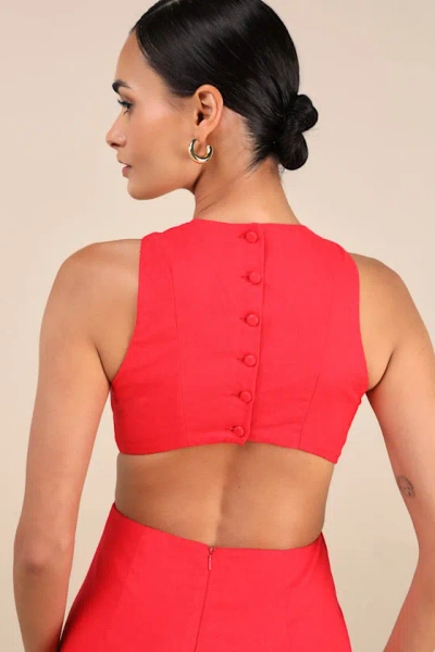 LULUS ALOUETTE RED LINEN CUTOUT MINI DRESS