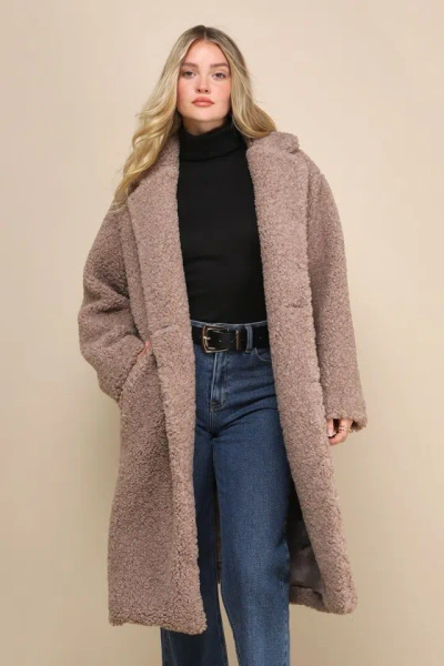 LULUS AMAZING COMFORT TAUPE SHEARLING LONG COAT
