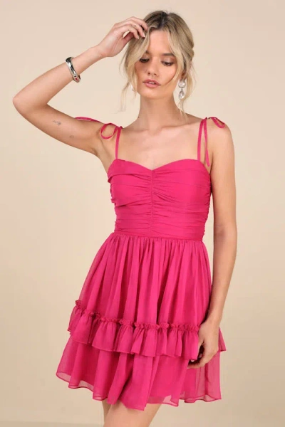LULUS ANGELIC APPROACH HOT PINK CHIFFON RUFFLED TIE-STRAP MINI DRESS