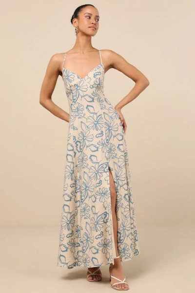 LULUS ANGELIKA BEIGE FLORAL SLEEVELESS MIDI DRESS