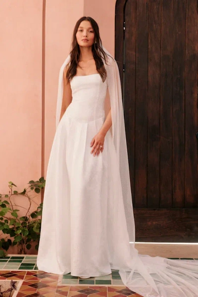 LULUS ARABELLA WHITE JACQUARD BASQUE WAIST MAXI DRESS