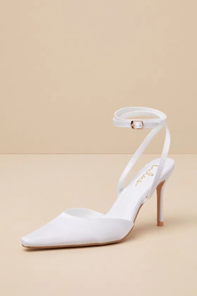 LULUS AUBERRON WHITE SATIN ANKLE STRAP PUMPS