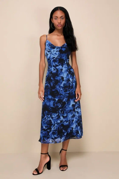 LULUS BEAUTIFUL PERSONA BLUE FLORAL CHIFFON COWL A-LINE MIDI DRESS