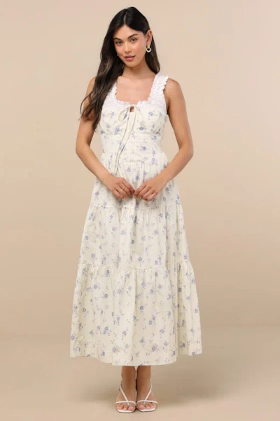 LULUS BIANKA IVORY FLORAL RUFFLED TIERED MIDI DRESS