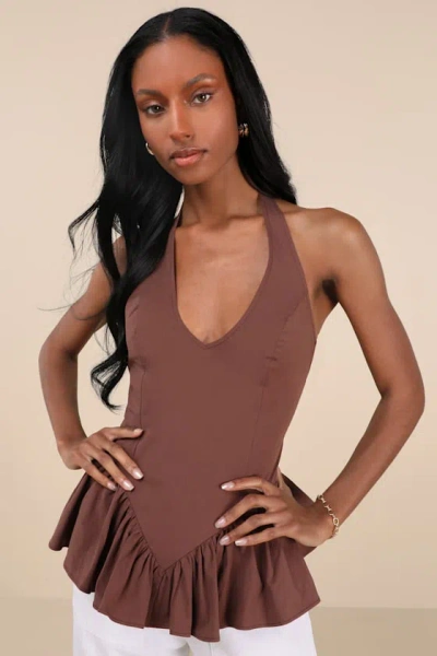 LULUS CASUALLY EXQUISITE BROWN RUFFLED HALTER PEPLUM TOP