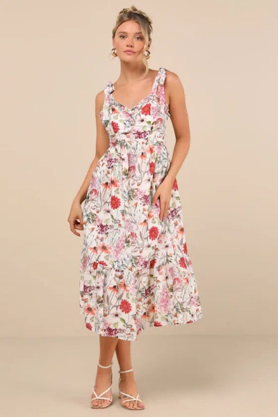 LULUS CECILY IVORY FLORAL RUFFLED TIE-STRAP MIDI DRESS