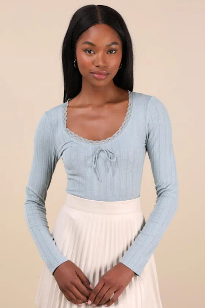 LULUS CELISE LIGHT BLUE POINTELLE KNIT LONG SLEEVE TOP