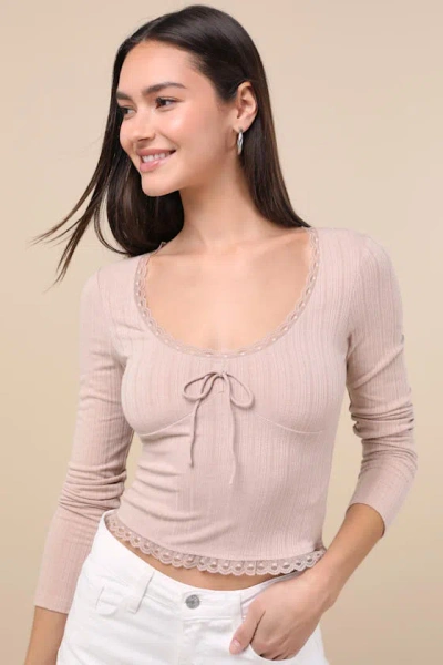LULUS CELISE LIGHT TAUPE POINTELLE KNIT LONG SLEEVE TOP