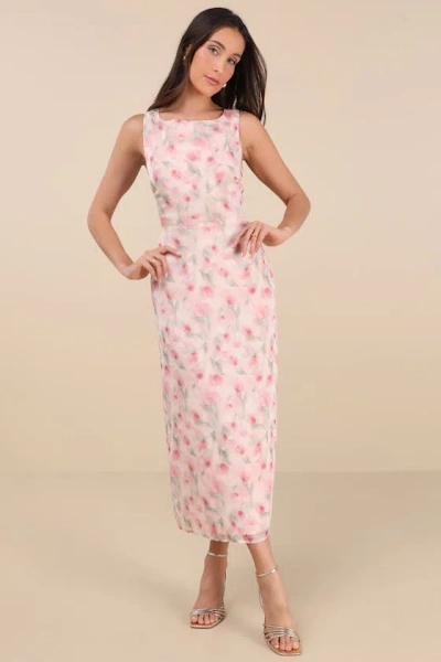 LULUS CHARISMATIC DAYS PINK FLORAL COWL BACK MIDI DRESS