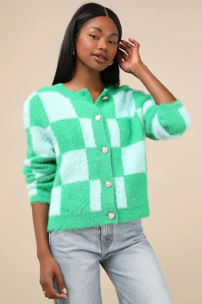 LULUS CHERISHED CRUSH GREEN AND BLUE CHECKERED EYELASH KNIT CARDIGAN