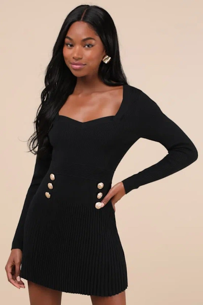 LULUS CHICEST CRUSH BLACK RIBBED LONG SLEEVE MINI SWEATER DRESS