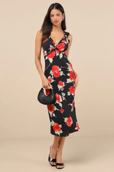 LULUS CLARRIE BLACK FLORAL CRINKLE SATIN RUFFLED MIDI DRESS