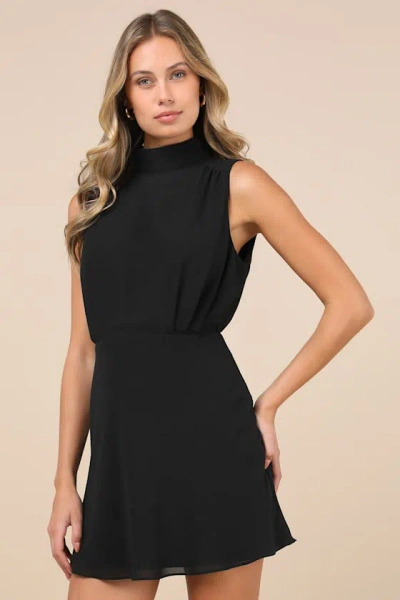 LULUS CLASSIC ELEGANCE BLACK CHIFFON SLEEVELESS MOCK NECK MINI DRESS