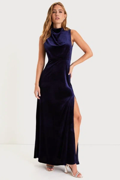 LULUS CLASSIC ELEGANCE NAVY VELVET SLEEVELESS MOCK NECK MAXI DRESS
