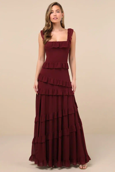 LULUS COMPELLING ROMANTIC BURGUNDY RUFFLED TIERED MAXI DRESS