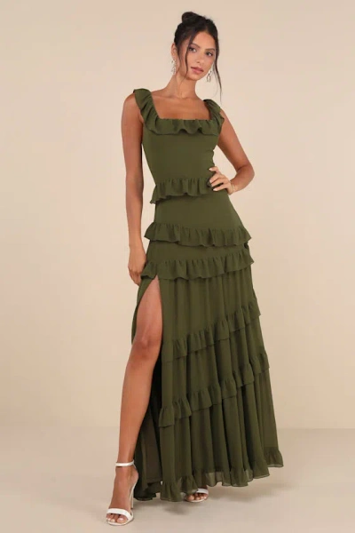 LULUS COMPELLING ROMANTIC OLIVE GREEN RUFFLED TIERED MAXI DRESS