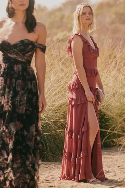 LULUS COMPELLING ROMANTIC RUSTY ROSE RUFFLED TIERED MAXI DRESS