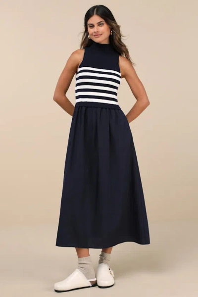 LULUS CONFIDENT CUES NAVY STRIPED MIXED MEDIA MIDI DRESS