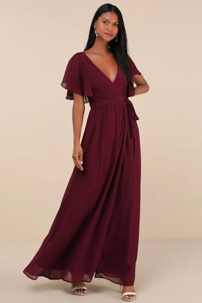 LULUS CONVINCING GRACE BURGUNDY FLUTTER SLEEVE WRAP MAXI DRESS
