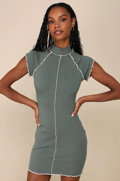 LULUS COOL VIBE OLIVE GREEN RIBBED SHORT SLEEVE MOCK NECK MINI DRESS
