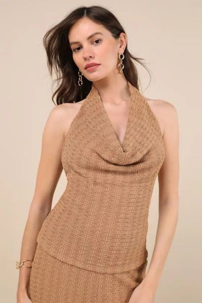 LULUS COVE LIGHT BROWN TEXTURED COWL HALTER TOP