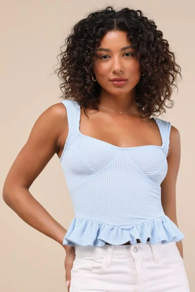 LULUS COWEN LIGHT BLUE RIBBED KNIT PEPLUM TOP