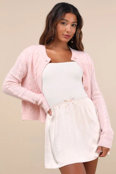 LULUS DELICATE AESTHETIC CREAM SATIN BOW MINI SKIRT