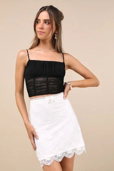 LULUS DELIGHTFUL DECISION IVORY LACE BOW PEARL HIGH-RISE MINI SKIRT